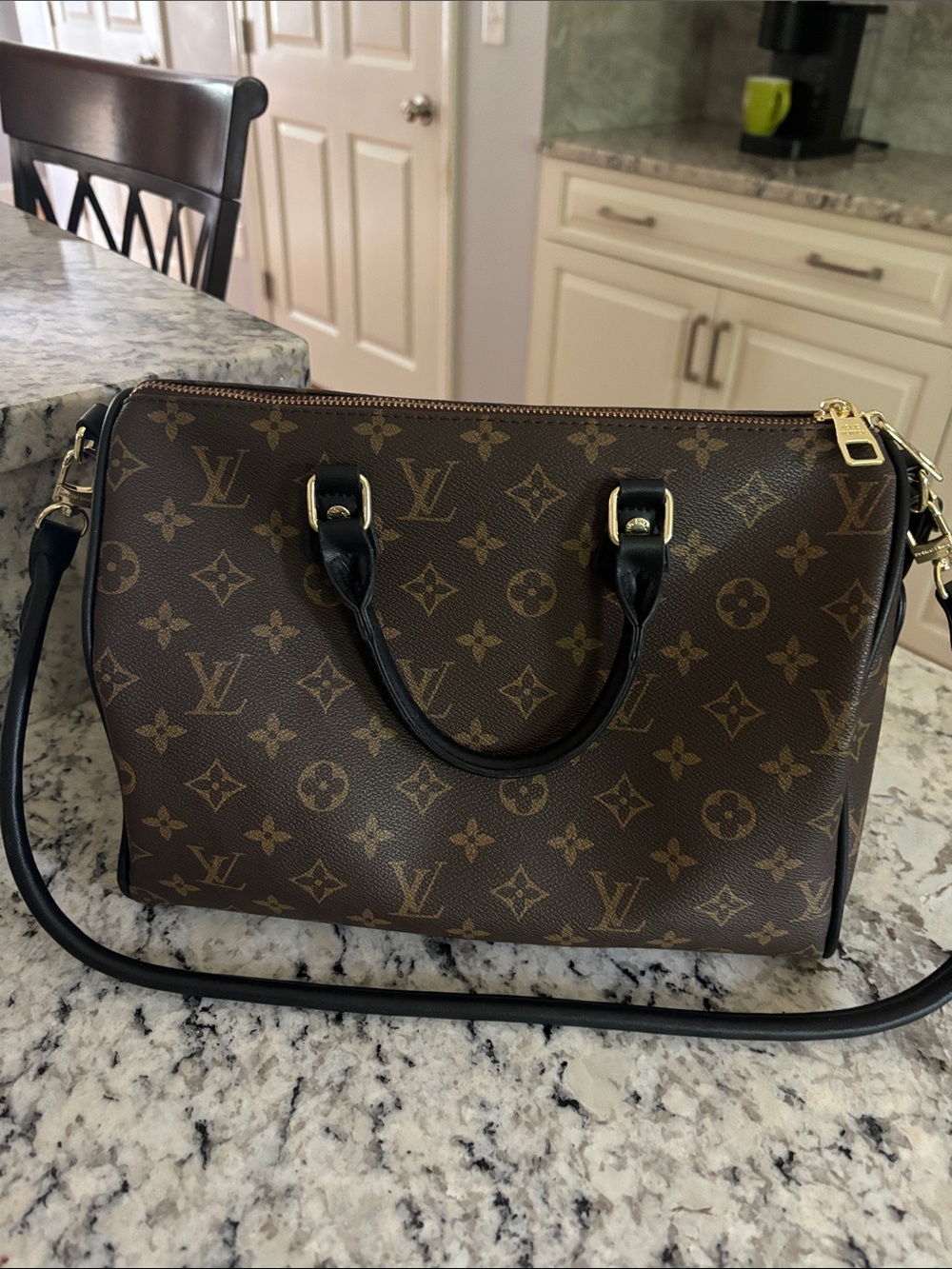 Louis Vuitton Brown Monogram Canvas Satchel with Black Trim and Gold Hardware